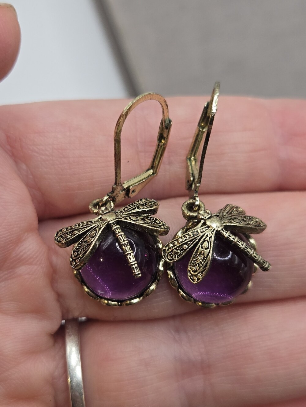 Purple Moon Dome Whimsigoth Boho Dragonfly Earrings Dangle Brassy Goldtone